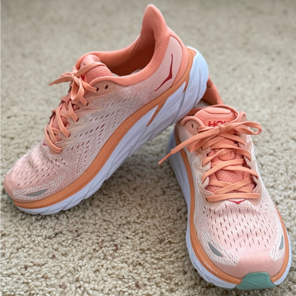 Hoka Clifton 8 Coral Athletic Shoes with Breathable Mesh